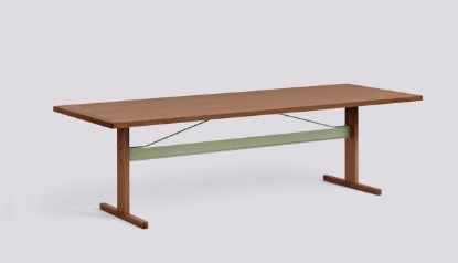 Picture of PASSERELLE TABLE WATER-BASED LACQUERED WALNUT FRAME THYME GREEN POWDER COATED CROSSBAR ADJUSTABLE GLIDERS-L260 X W95 X H74 4 LEGS-WATER-BASED LACQUERED WALNUT VENEER TABLETOP WATER-BASED LACQUERED SOLID WALNUT EDGE, AB761-B587-AI04, HAY