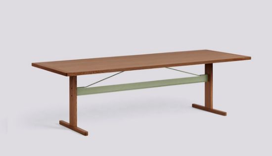 Picture of PASSERELLE TABLE WATER-BASED LACQUERED WALNUT FRAME THYME GREEN POWDER COATED CROSSBAR ADJUSTABLE GLIDERS-L260 X W95 X H74 4 LEGS-WATER-BASED LACQUERED WALNUT VENEER TABLETOP WATER-BASED LACQUERED SOLID WALNUT EDGE, AB761-B587-AI04, HAY